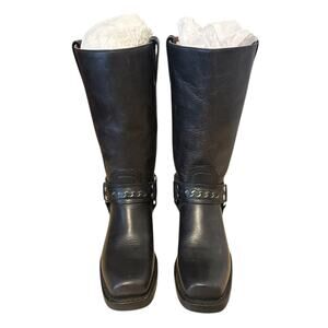Frye Black Leather Harness Boots Square Toe Chain Detail Mid Calf 6